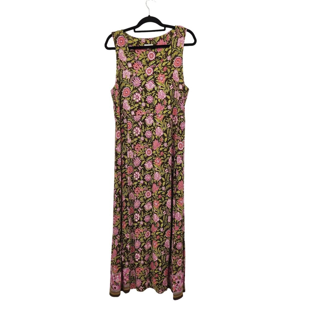 J Jill Brown & Pink Floral Empire Sleeveless Tank Maxi Dress Women's L